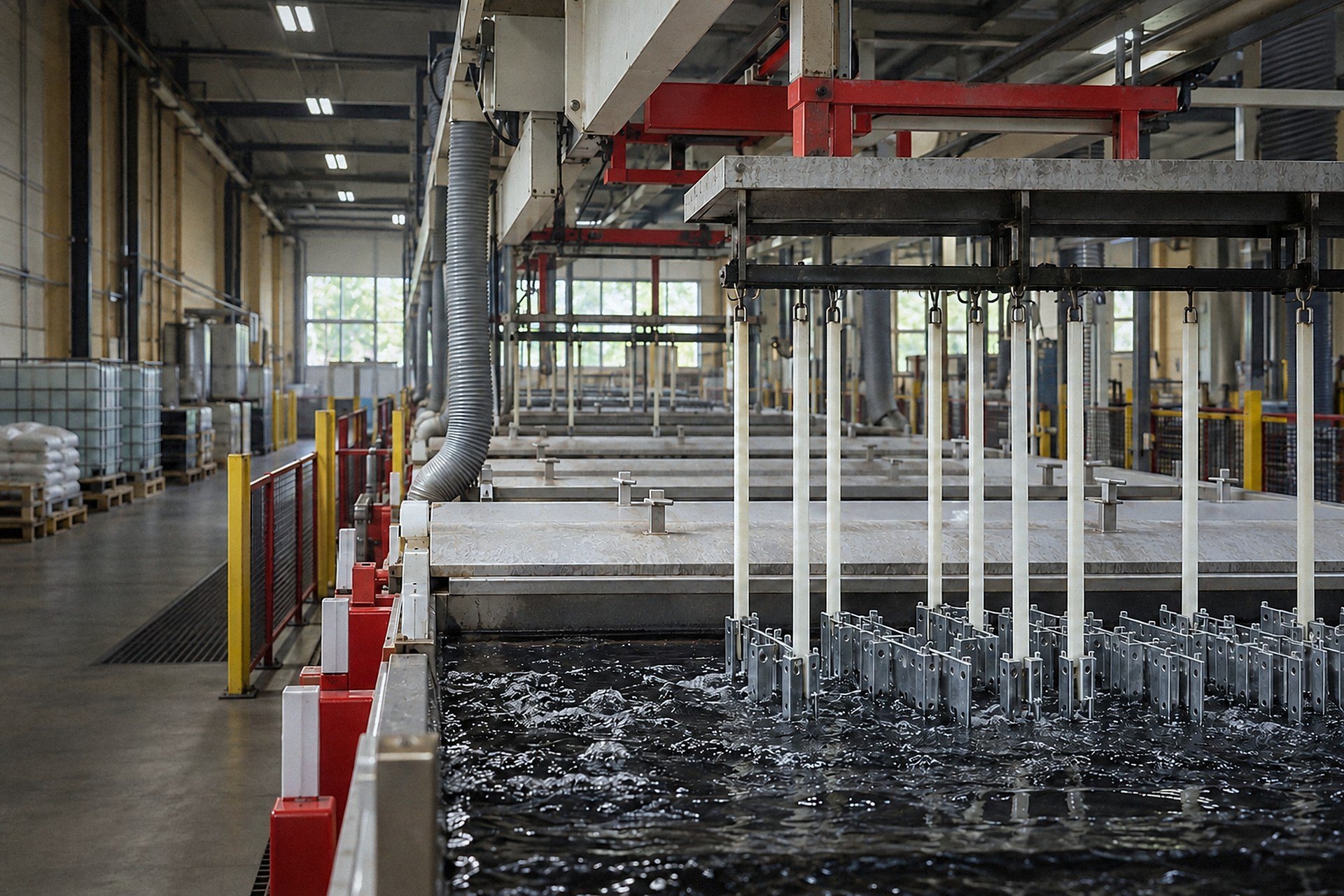 Hängställ med detaljer nere i ett bad i Industrigalvs automatiska hängline